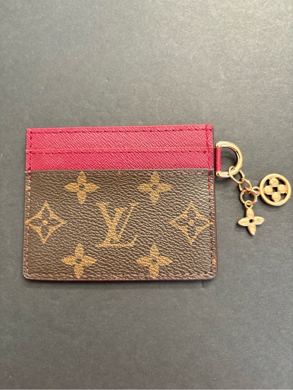 Fashion Card Holder Wallet Burgundy Brown Print Multiple Card Slots Gold Charms
